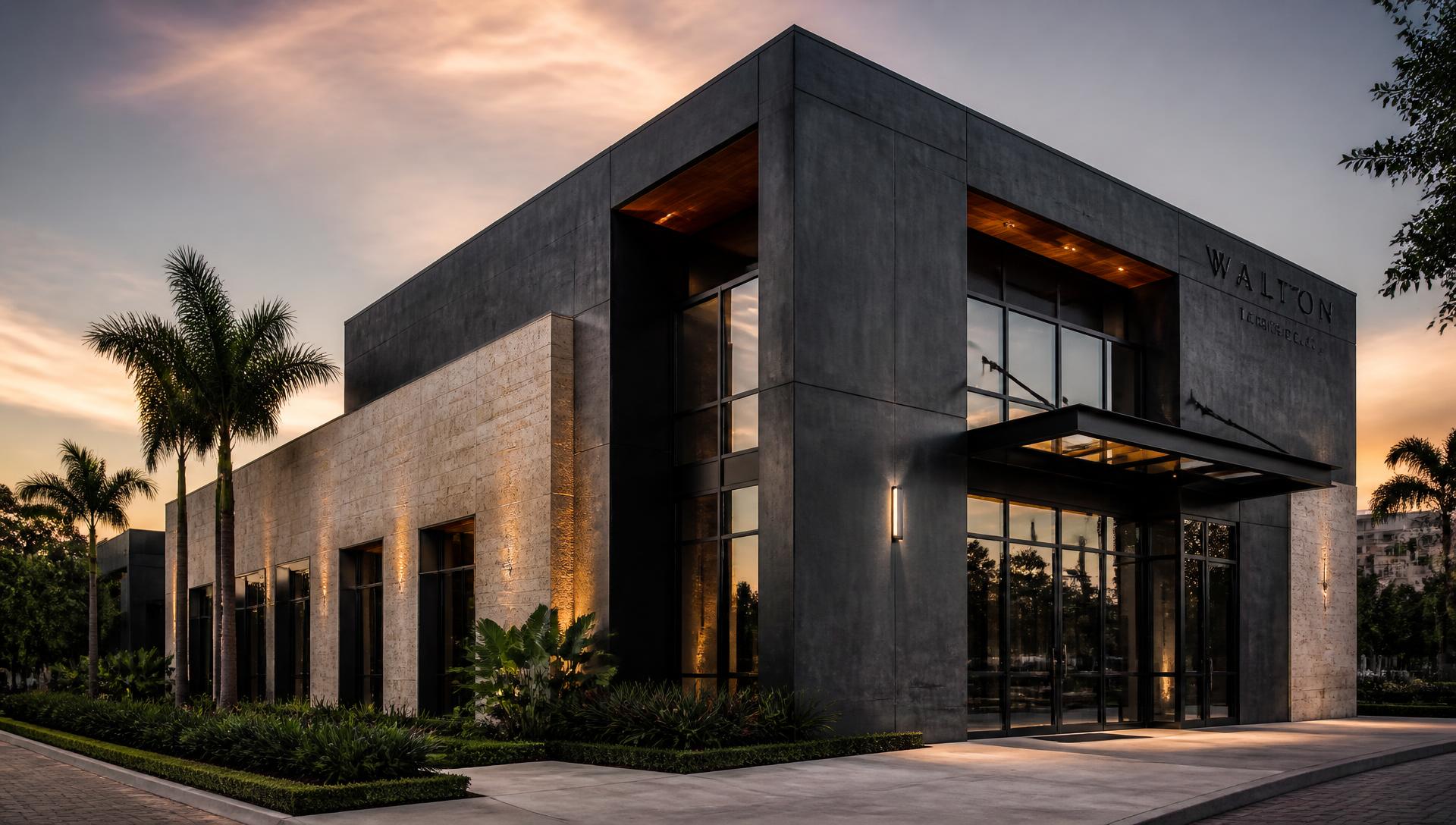 Modern commercial building exterior in South Florida at dusk